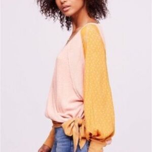 Free People Auxton Thermal Mixed-Print V-Neck Top Pink Mustard Yellow size S